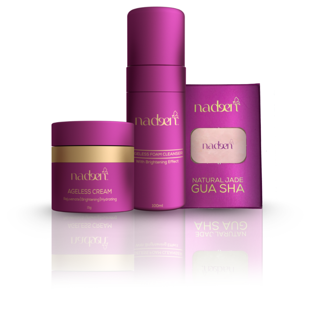 Set penjagaan kulit Nadeen: Ageless Cream, Ageless Foam Cleanser dan Natural Jade Gua Sha