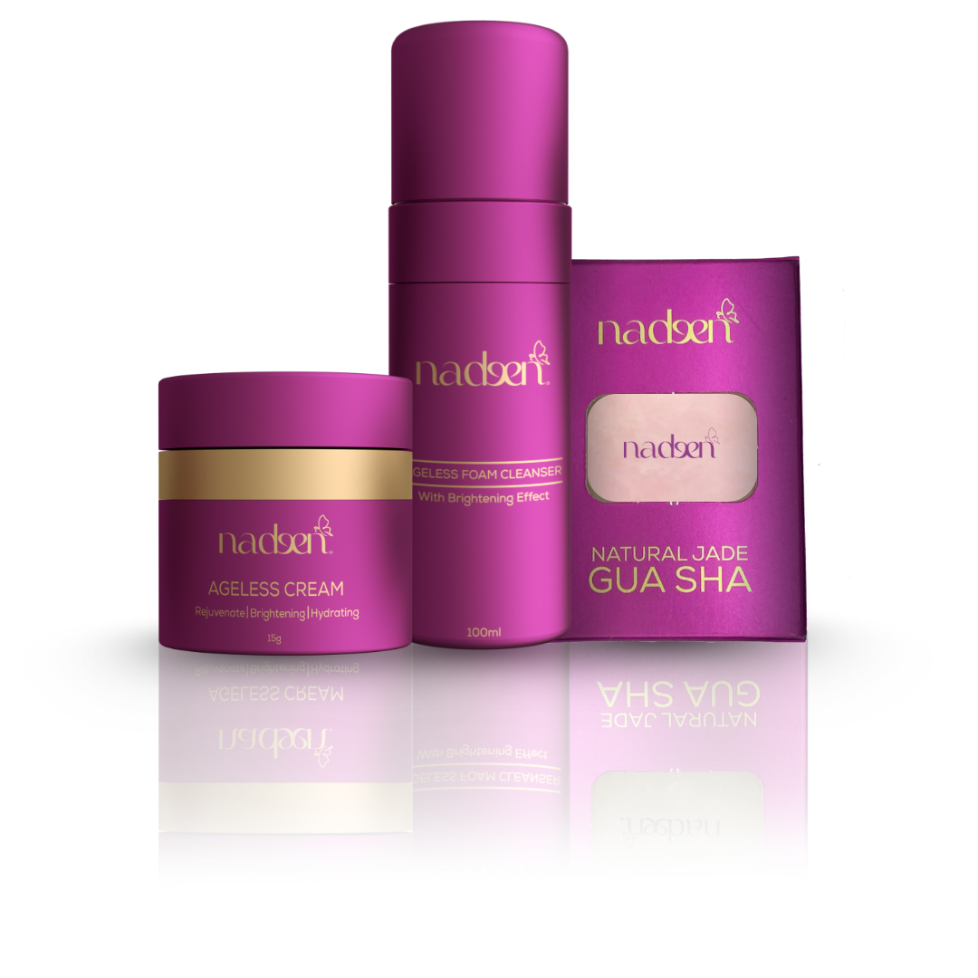 Set penjagaan kulit Nadeen: Ageless Cream, Ageless Foam Cleanser dan Natural Jade Gua Sha